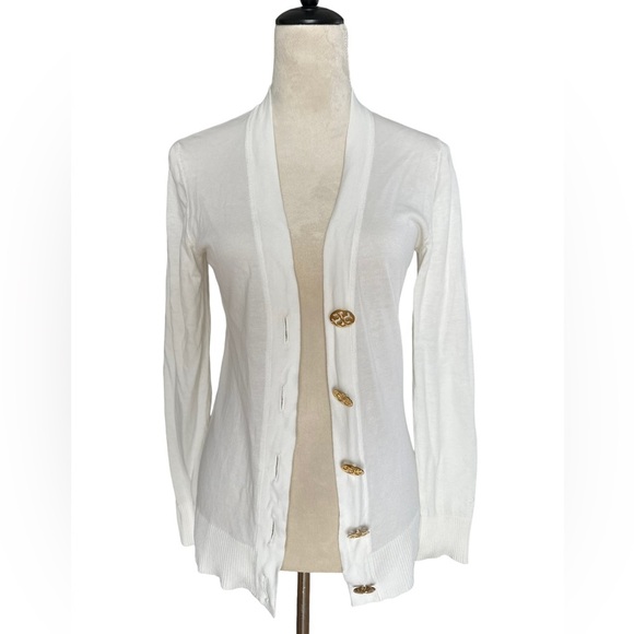 Tory burch white long sleeve v-neck gold bottoms simon cardigan - Picture 4 of 12